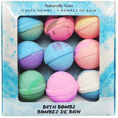 Colorful and luxurious 9 Pack Bath Bomb Set by Bulk Apothecary in it's retail ready packaging